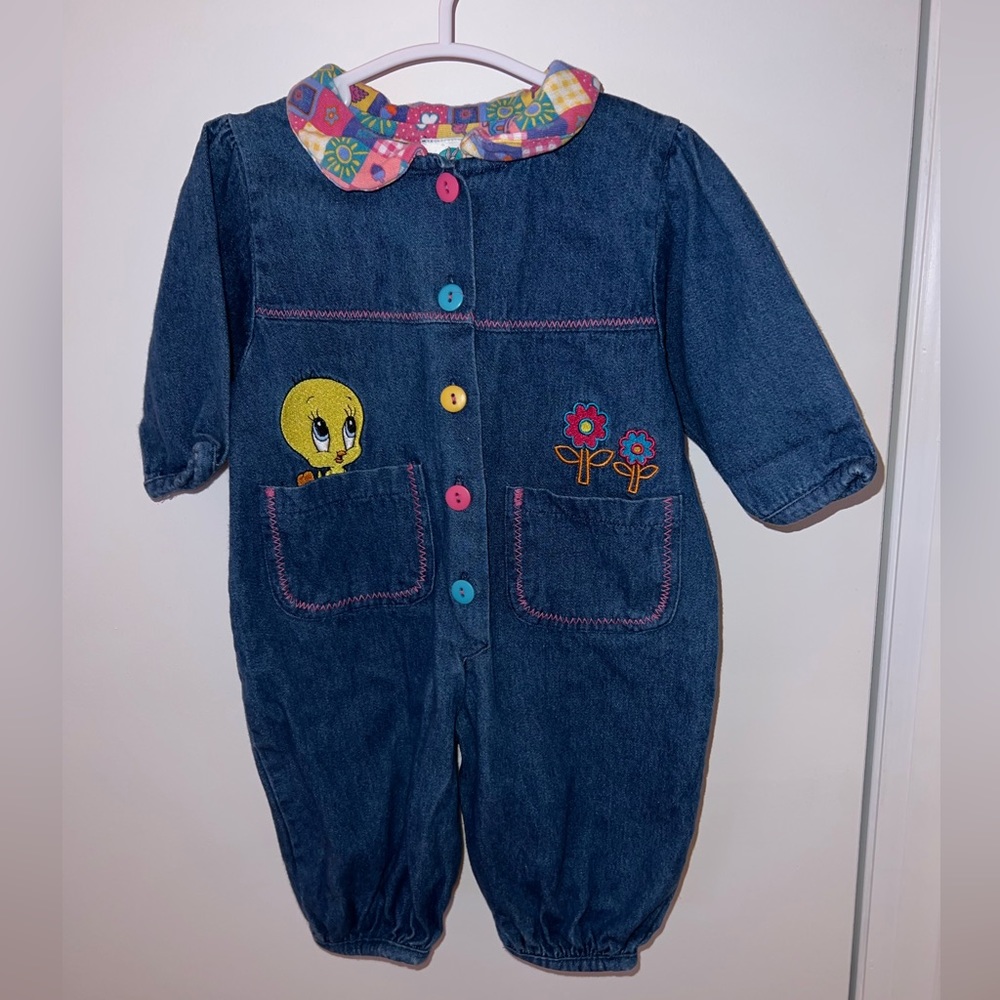 Loony toons baby 6-9 month baby girl vintage jean jumpsuit baby romper 1990s